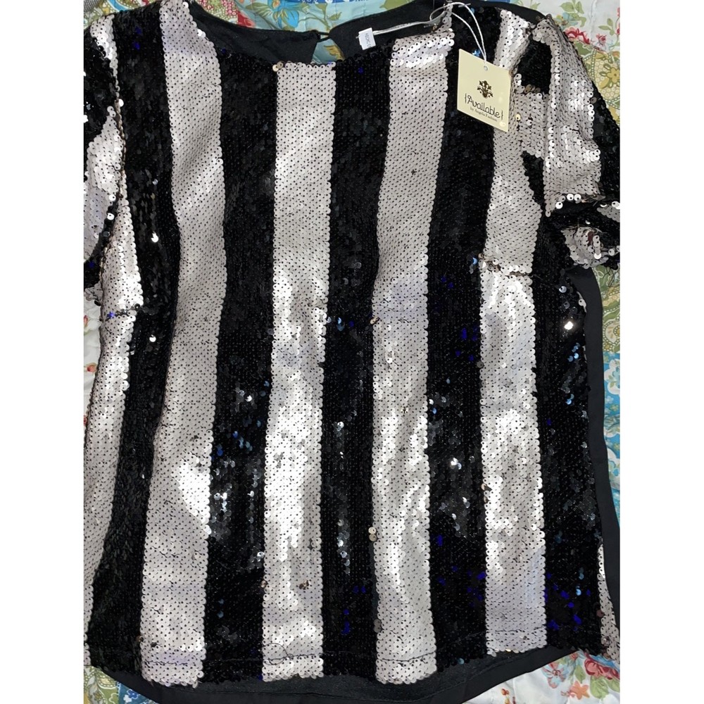 New-black white sequins beads evening formal cocktail blouse Top SM - Picture 6 of 7